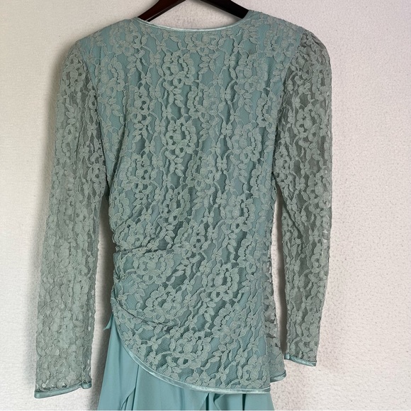 Vintage 70 80s Cheryl Kaye Sea Green Lace Asymmetric Cascading Ruffle Wrap Dress - Picture 13 of 16